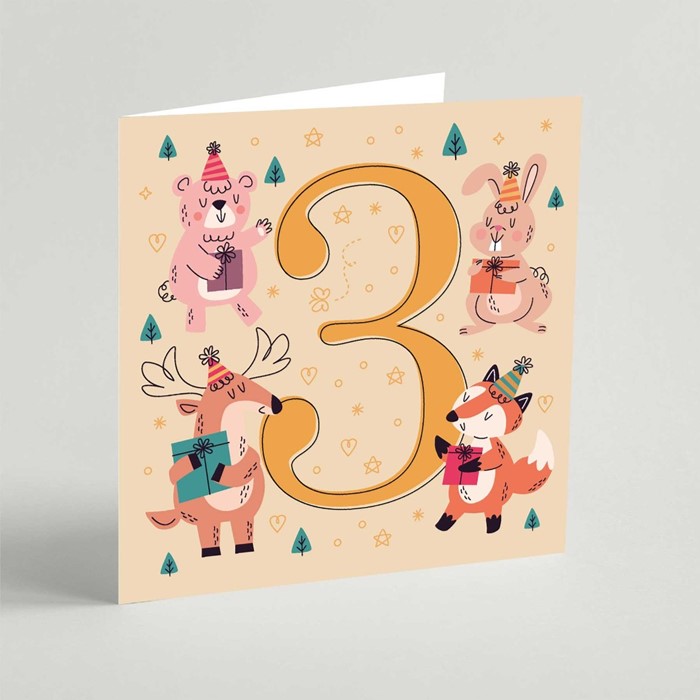 Three Birthday Square Card (Pack Of 3)