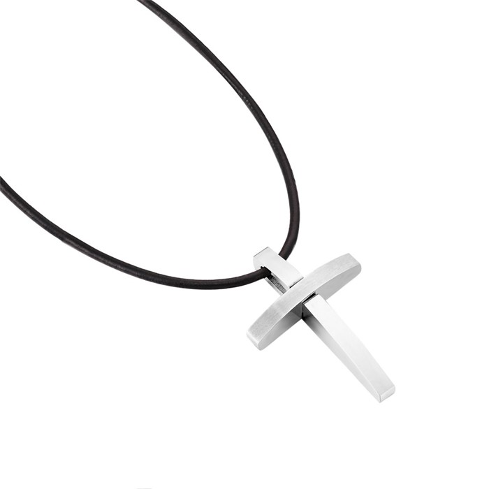 Curved Cross Pendant On Leather Cord