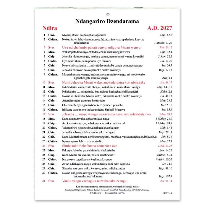 Shona Golden Thoughts Calendar 2027
