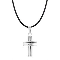 Curved & Grooved Cross On Leather Cord (Jewellery)