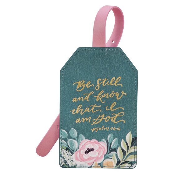 Be Still and Know Dark Teal Floral Faux Leather Luggage Tag