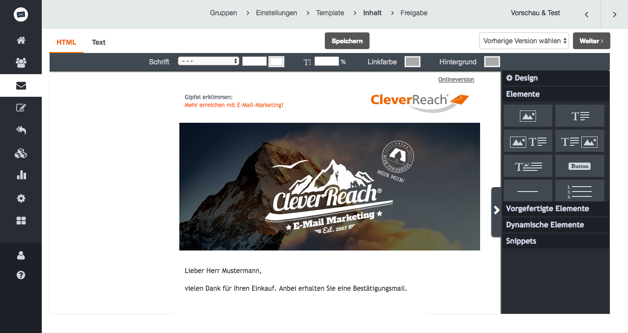 screenshot: Der Drag&Drop-Editor von CleverReach® - einfach und intuitiv Mailings erstellen