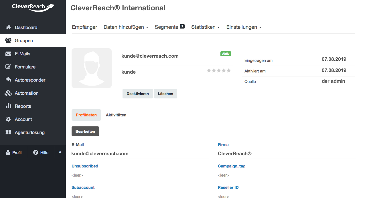 CleverReach® - Empfängerprofile verwalten und Segmentieren: Analysieren Sie Ihre Kunden und erstellen Sie so Empfängerprofile und Empfängerlisten - mit CleverReach® segmentieren Sie Ihre Kunden z.B. nach Interessengebieten.