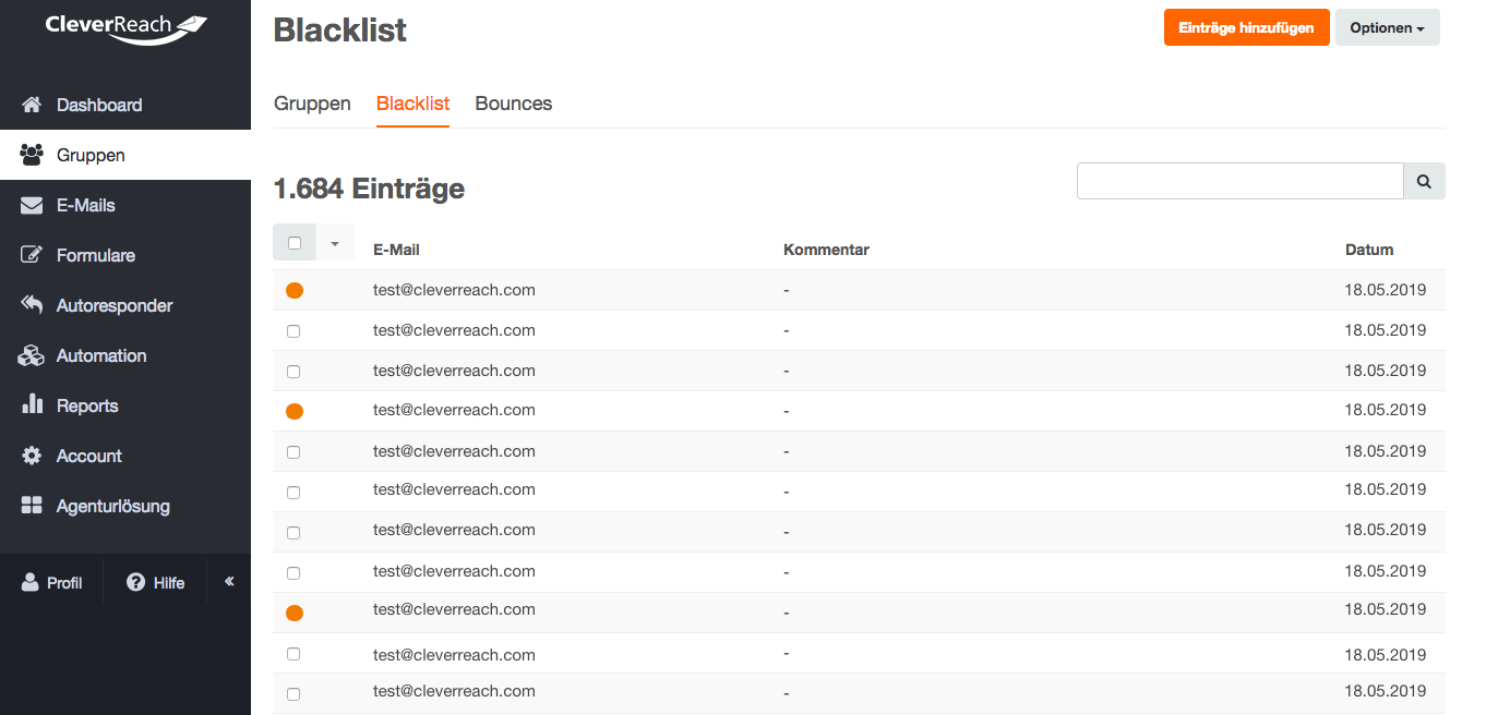 screenshot: Wen kann ich ausschließen? Über die Blacklist können Sie einzelne Empfänger oder komplette Domains dauerhaft vom Versand ausschließen.