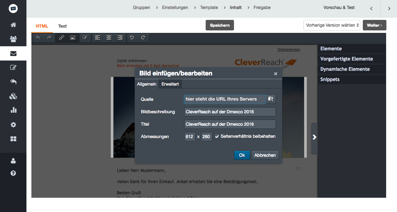 screenshot: Daraufhin öffnet sich die Eigenschaftsmaske des Bildes. Klicken Sie auf „Upload“, damit sich die Bilderverwaltung öffnet.