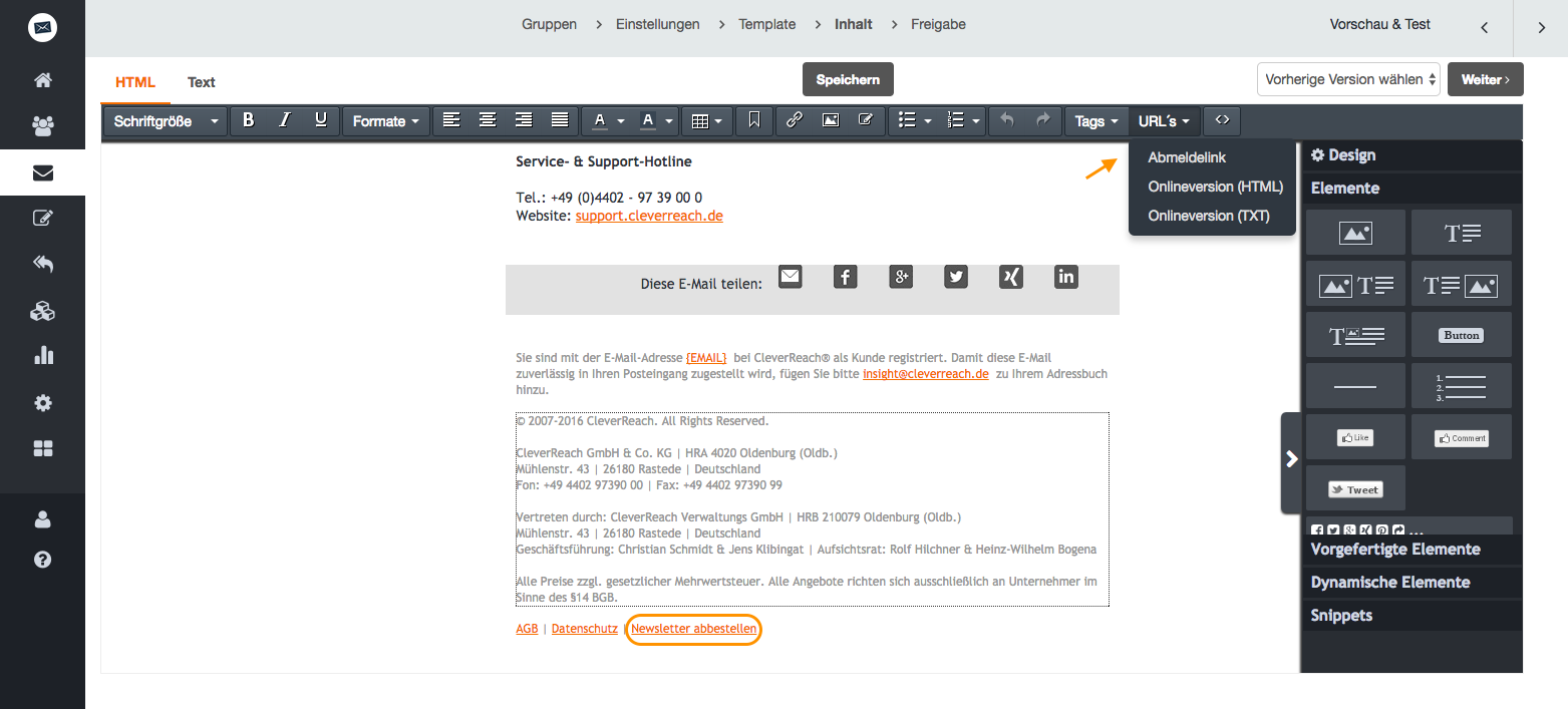 screenshot: Automatisch integrierter Abmeldelink in jedem Newsletter