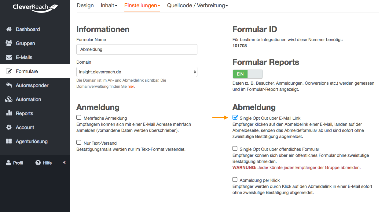 screenshot: Bei jedem CleverReach®-Mailing wird ganz automatisch ein Link zur Abmeldung generiert und in Ihren Newsletter integriert. Dadurch haben Sie die Sicherheit, dass Sie bei der Newsletter-Erstellung mit CleverReach® diese wichtige gesetzliche Vorgabe nicht versehentlich vergessen