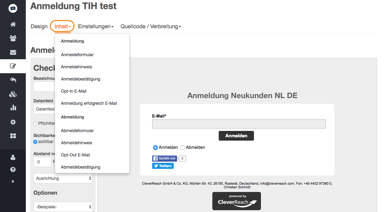 screenshot: Weitere Optionen für Newsletter An- und Abmeldeformulare