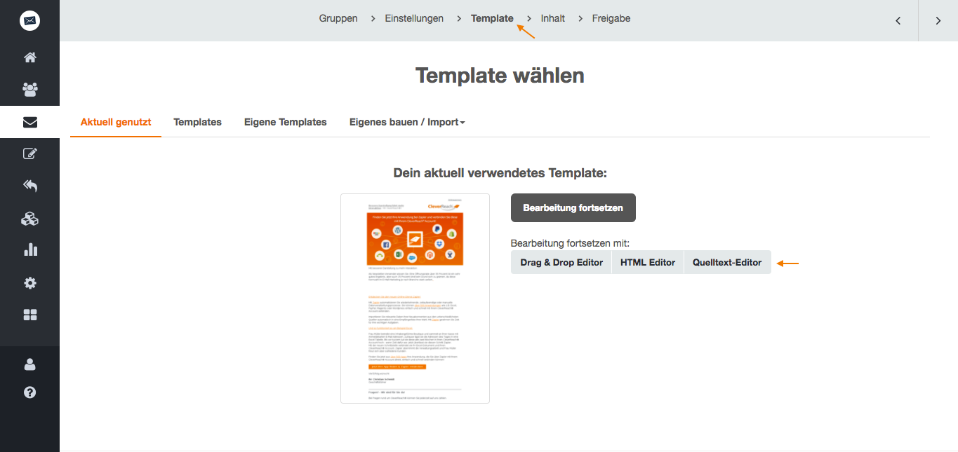 screenshot: So wechseln Sie in den HTML- oder Quelltext-Editor