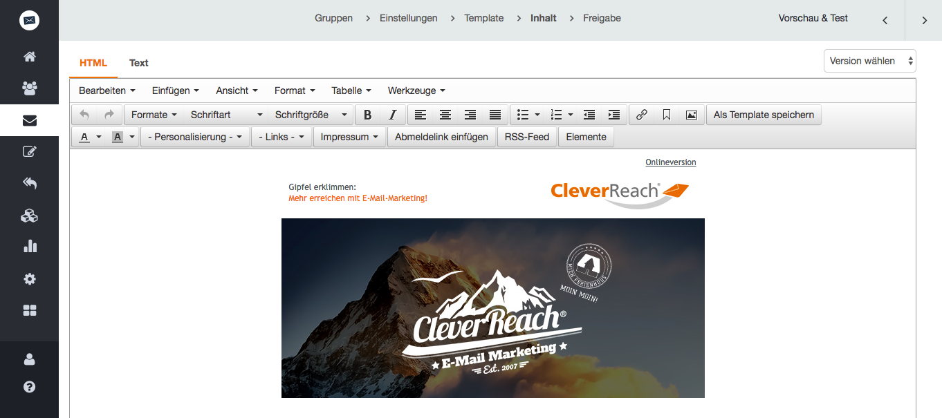 screenshot: Erfahreneren Anwendern mit speziellen Anforderungen an ihre Vorlagen empfehlen wir den HTML-Editor.