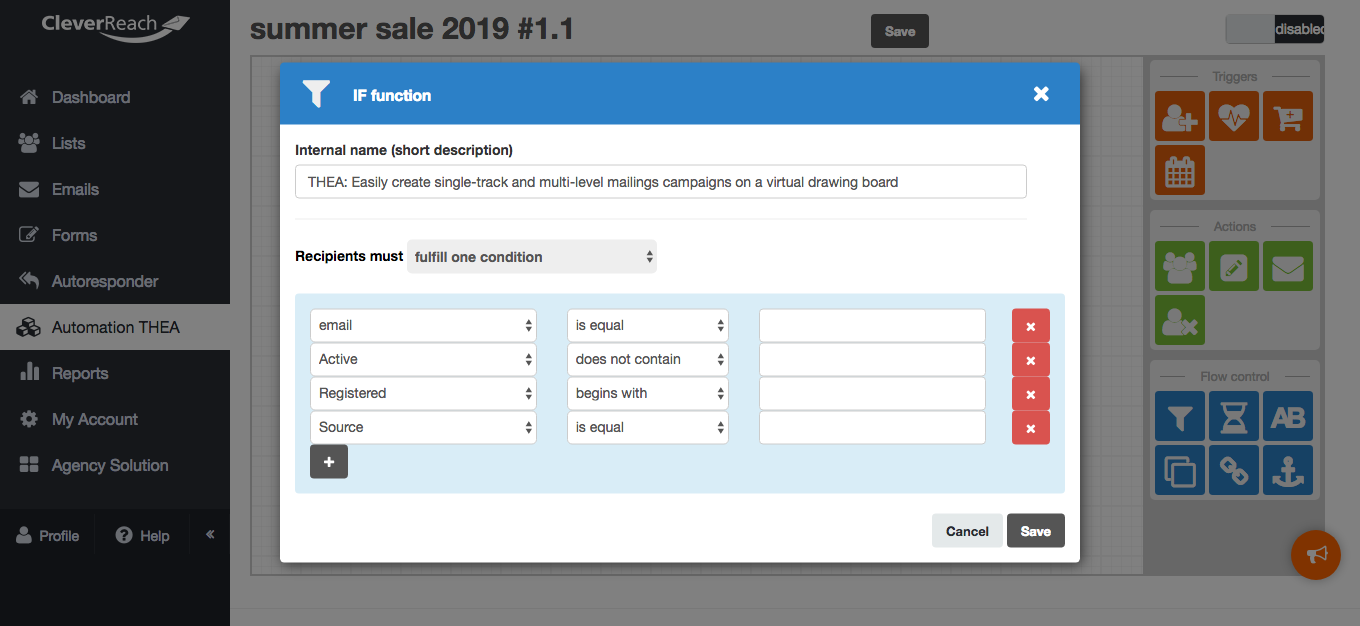 screenshot: Define actions Select from a list of actions what you want included in your workflow