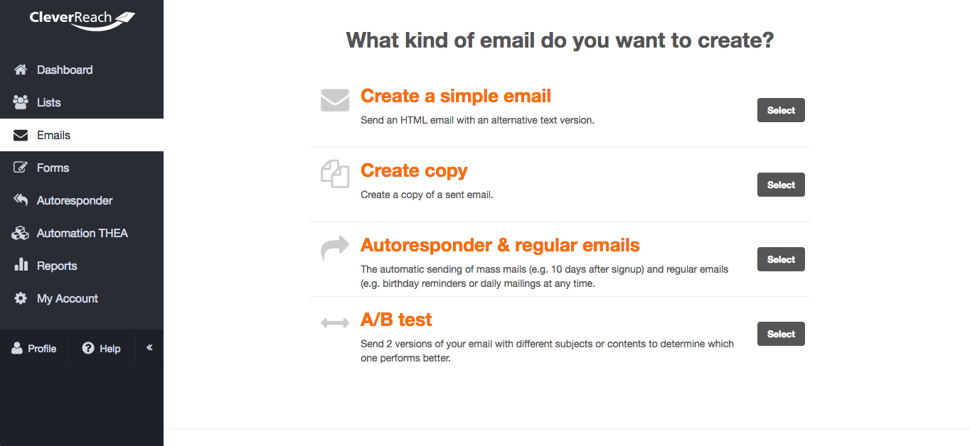 screenshot: Select a mailing type that fits your needs