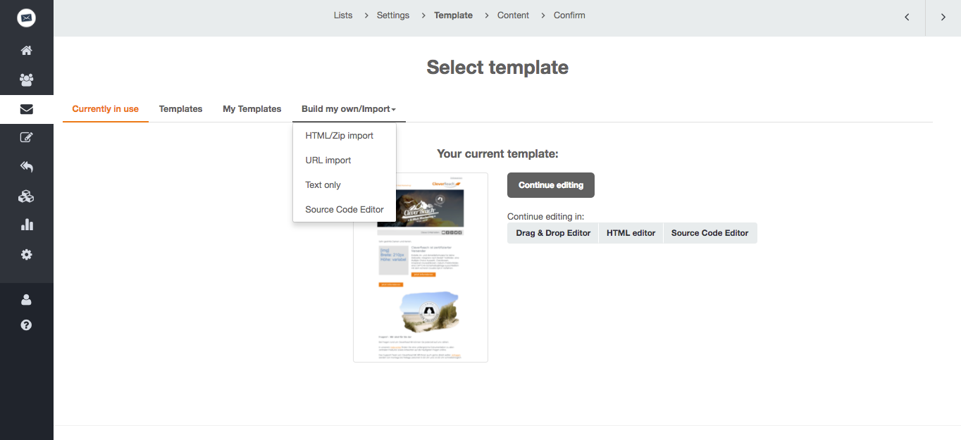 screenshot: Alternatively, there’s the possibility to upload a HTML file during the creation process of your mailings.