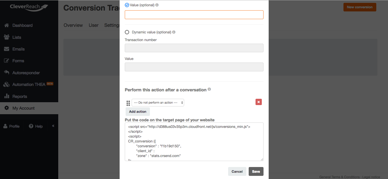 screenshot: Configure tracking script