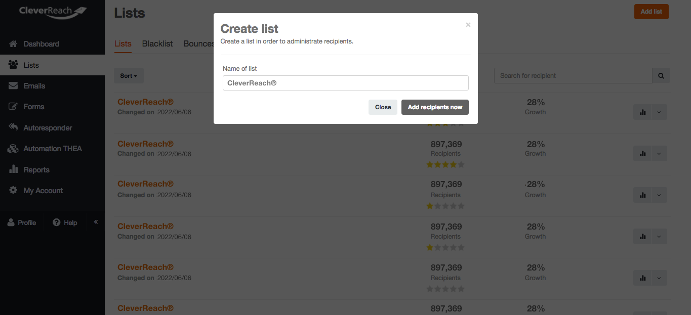 screenshot: Create list
