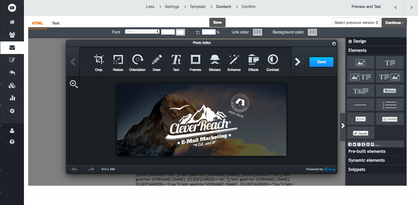 screenshot: Select the image in the image management and automatically get to the image editor. Or just insert the image into your newsletter and click on the edit button