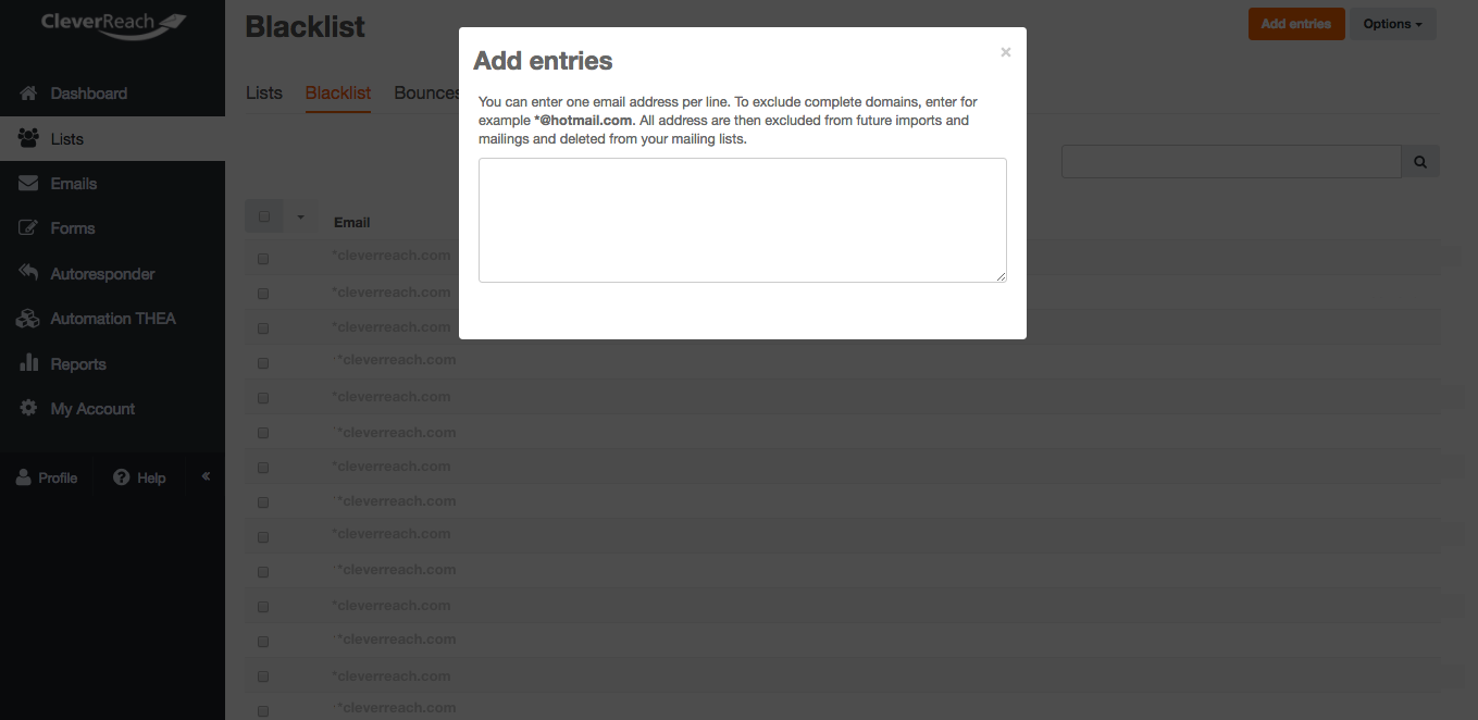 screenshot: There are several reasons for blacklisting recipients: