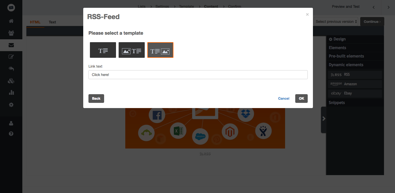 screenshot: Easily integrate RSS and other dynamic elements to your mailings with our intuitive drag and drop editor.screenshot: Easily integrate RSS and other dynamic elements to your mailings with our intuitive drag and drop editor.
