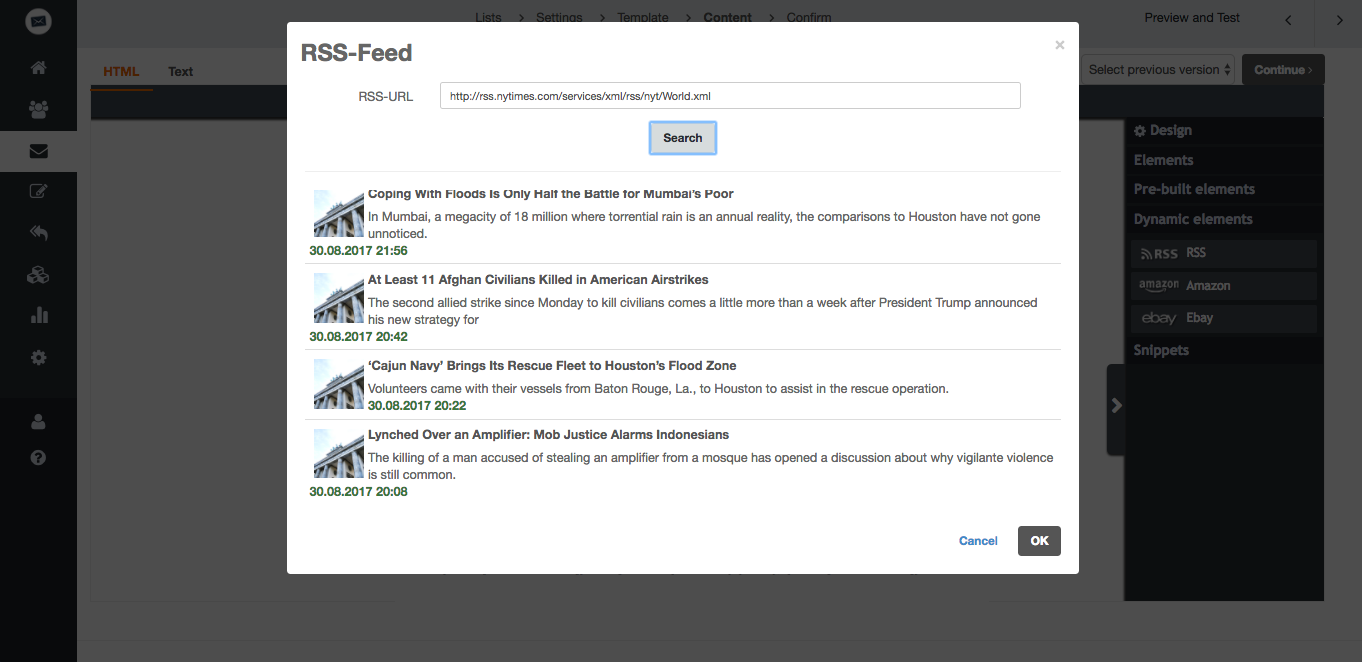 screenshot: The data from your homepage is directly transferred to your mailing. As the RSS feeds are retrieved automatically, it’s essential that this data always has the same structure to be displayed consistently in your newsletters.