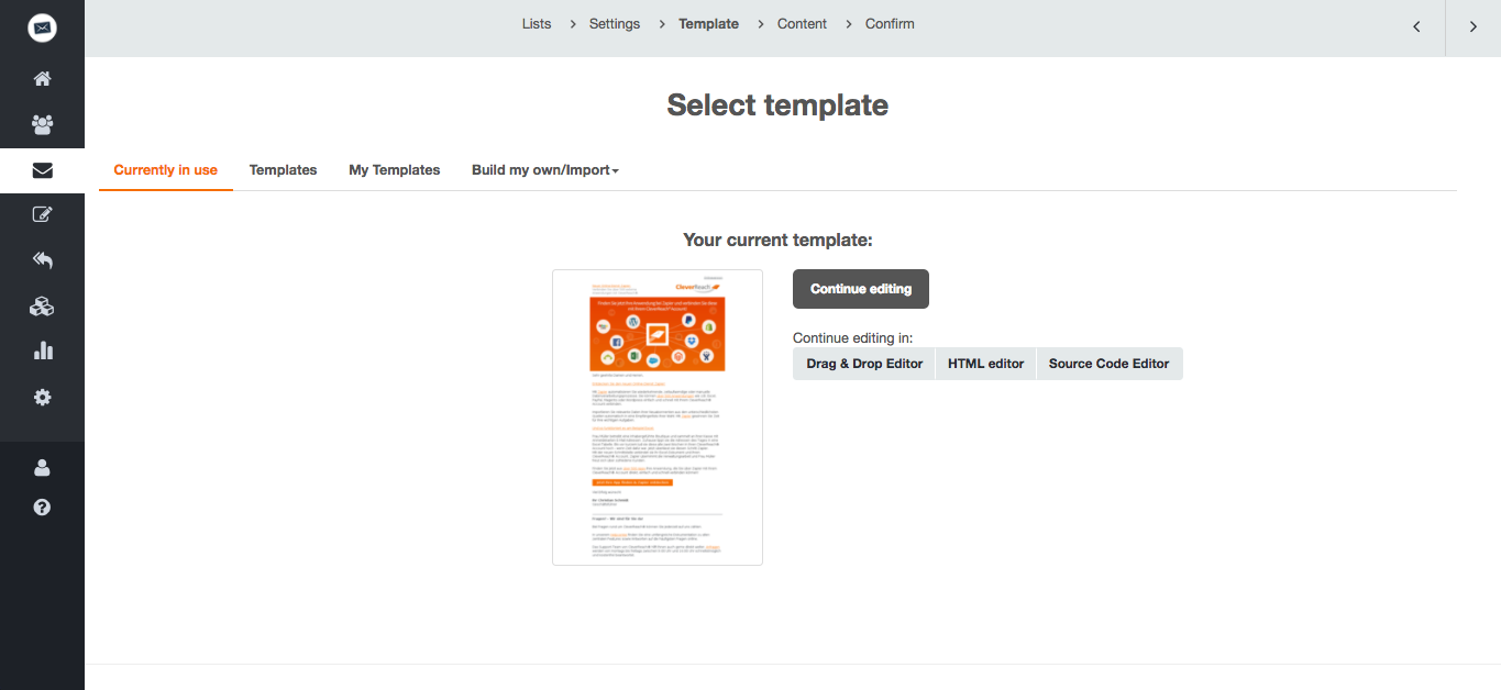 screenshot: To switch to another editor, click on “Template” under the menu item “Content” during the creation process of your newsletter