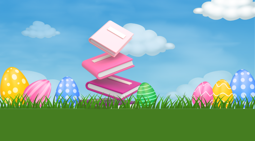 Uova di Pasqua colorate su un prato verde con una pila di libri rosa sullo sfondo di un cielo azzurro con qualche nuvola.