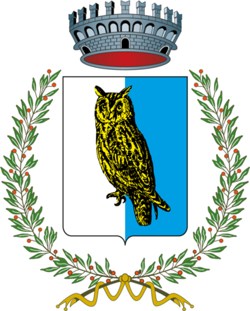 Scudo partito, il primo di bianco e il secondo di azzurro, caricato nel centro di un gufo d'oro, ornato superiormente con corona civica di Comune. Inferiormente a destra e a sinistra un ramo fruttato di alloro entrambi legati sotto la punta da un nastro d'oro.