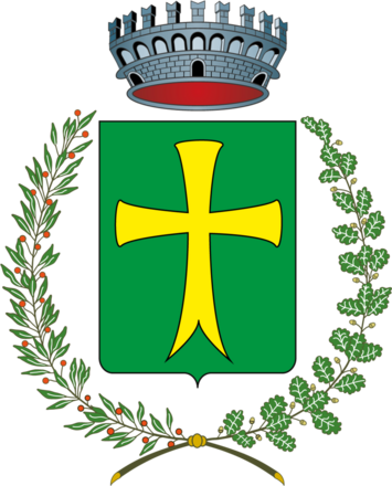 Croce latina d'oro, patente nei tre bracci superiori, birostrata in quello inferiore, in campo verde.