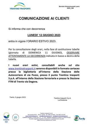 ORARIO ESTIVO 2023 TRENTINO TRASPORTI  ORARIO ESTIVO 2023 TRENTINO TRASPORTI