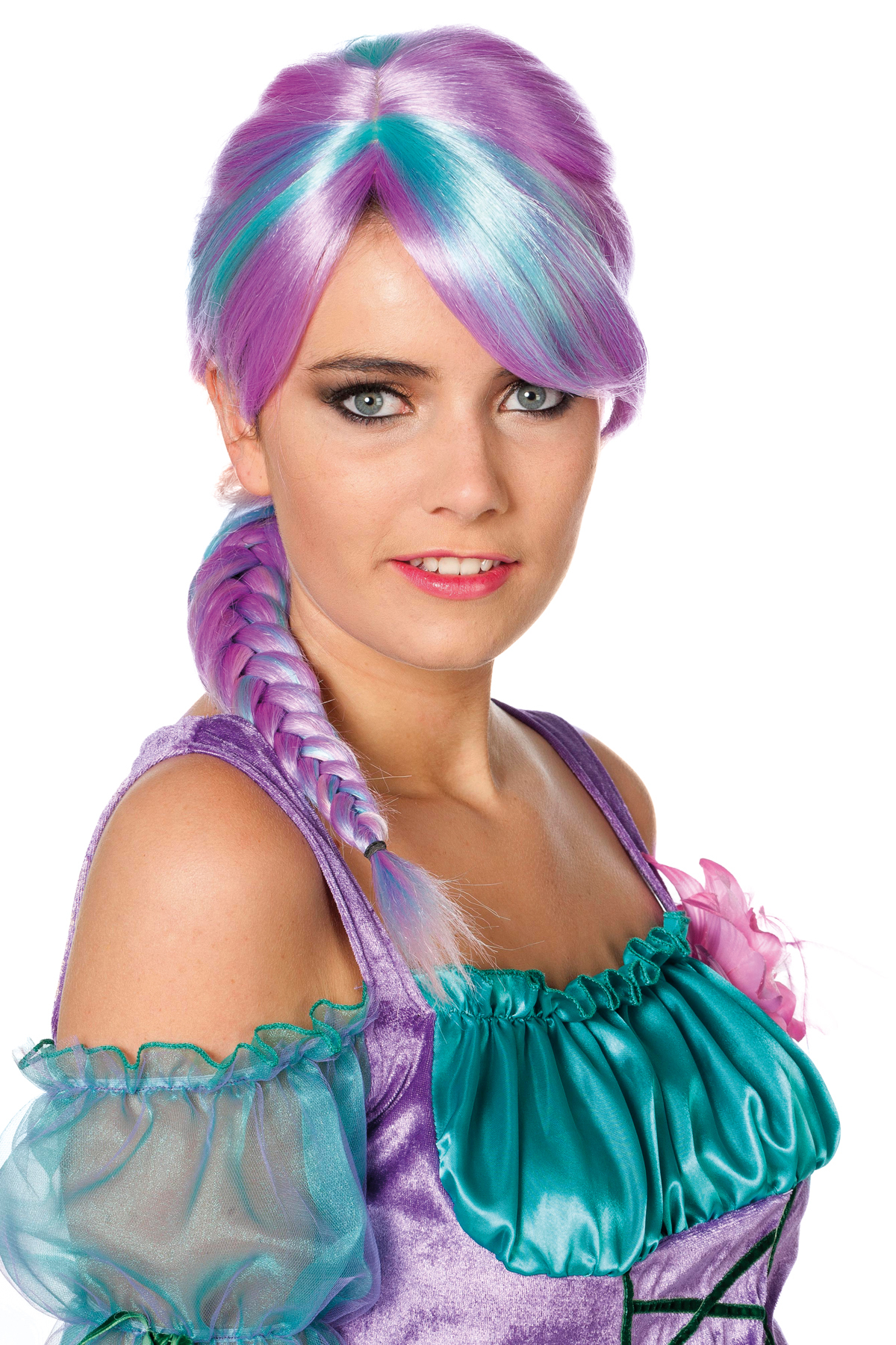 Pruik met vlecht paars