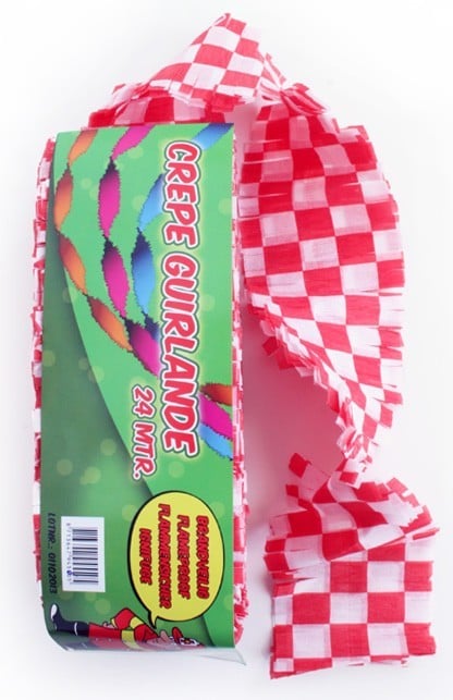 Crepe guirlande rood wit geblokt 24mtr
