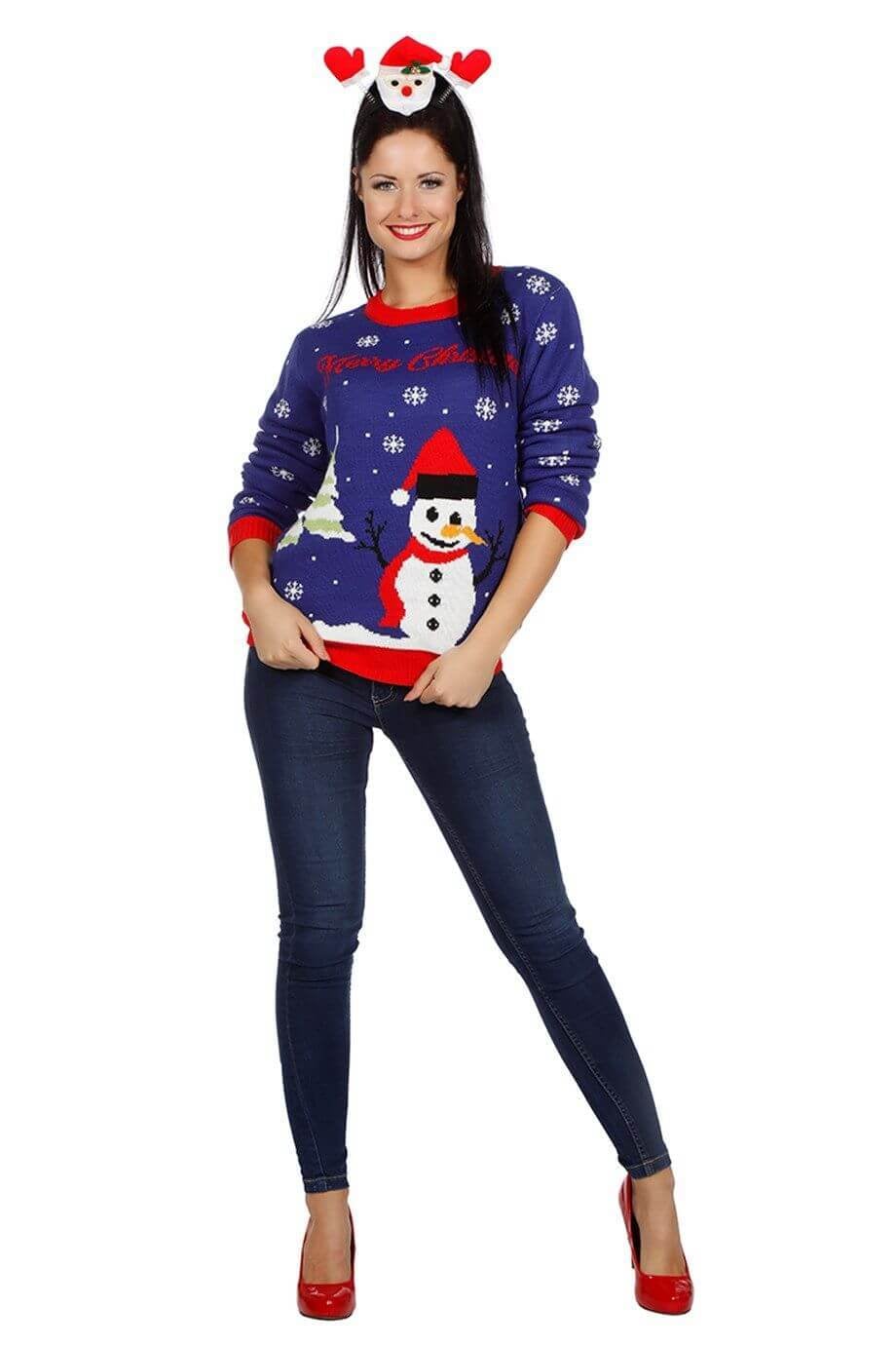 Kersttrui blauw met sneeuwman op=op