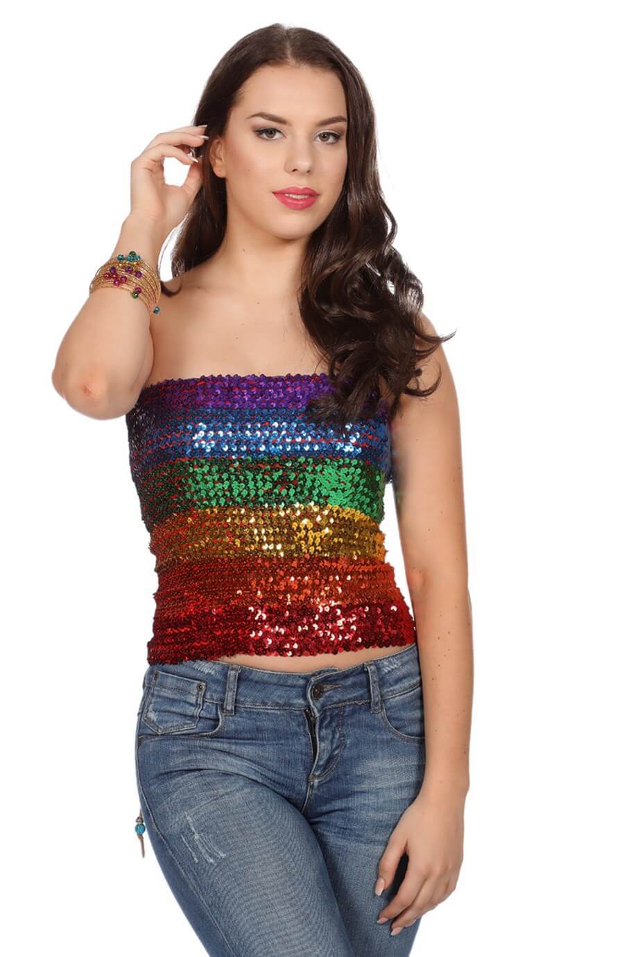 Top/rok pailletten regenboog