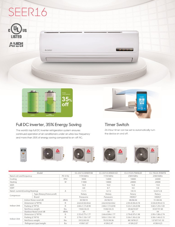 Chigo 12000 Btu 16 Seer 110V Mini Split Heat Pump
