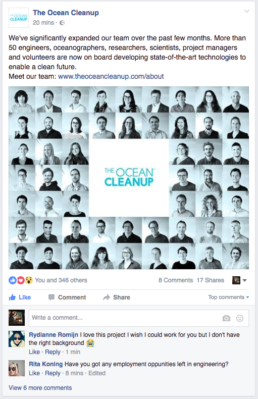 Geslaagde campagne voor het aantrekken van talent. The Ocean Cleanup.