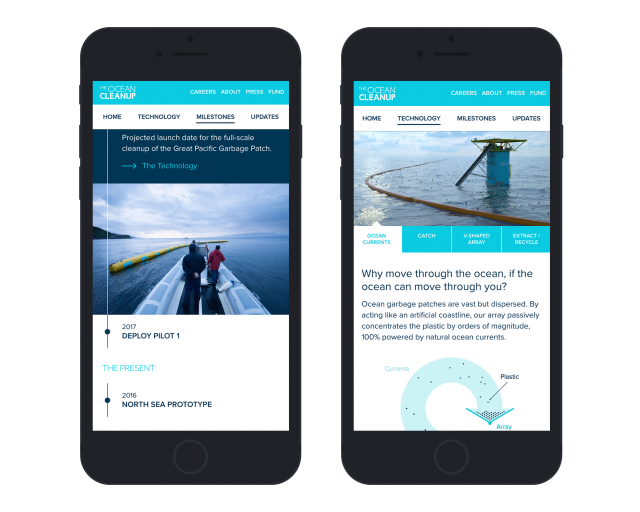 The ocean cleanup visual design on mobiles 2 screens