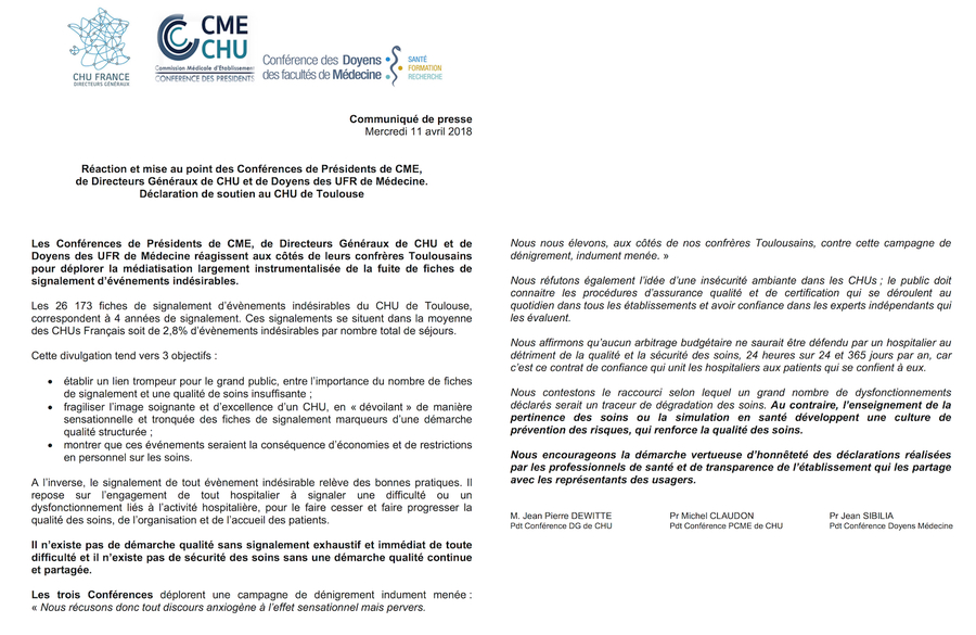 "Il n'existe pas de démarche qualité sans signalement exhaustif et immédiat de toute difficulté", rappellent les trois conférences des CHU. - Droits réservés "Il n'existe pas de démarche qualité sans signalement exhaustif et immédiat de toute difficulté", rappellent les trois conférences des CHU.