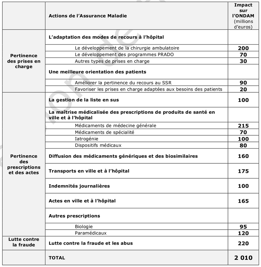 Ce tableau récapitulatif des économies attendues de l'Assurance maladie en 2019 affiche un total de 2,01 milliards d'euros. - Droits réservés — Cnamts Ce tableau récapitulatif des économies attendues de l'Assurance maladie en 2019 affiche un total de 2,01 milliards d'euros.