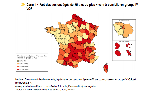 Les données recueillies par la Drees attestent d'un fort niveau d'incapacité sur les départements situés dans le Nord et le Nord‐Est, dans la moitié sud de la France et dans les départements d'outre‐mer. - Droits réservés — Drees Les données recueillies par la Drees attestent d'un fort niveau d'incapacité sur les départements situés dans le Nord et le Nord‐Est, dans la moitié sud de la France et dans les départements d'outre‐mer.