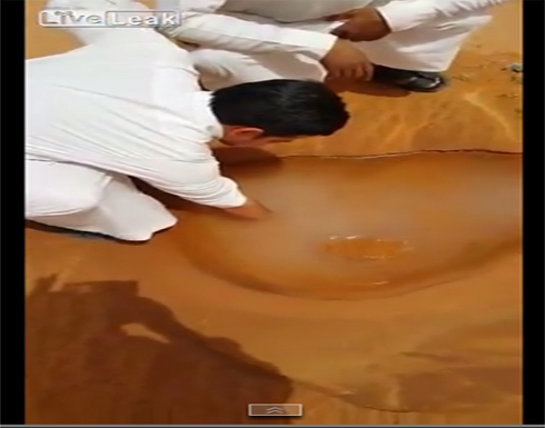 لحظة تفجر ينبوع مياه عذبة في وسط الصحراء