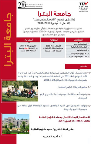 جامعة البترا تعدل موعد تخريج الفصل الصيفي