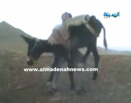 مواطن يحمل حماره على كتفه ؟ ( شاهدوا الفيديو ) مواطن يحمل حماره على كتفه ؟ ( شاهدوا الفيديو )