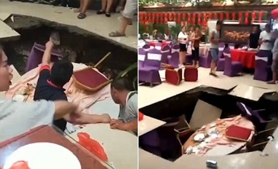فيديو| أرضيّة قاعة تنشقّ خلال حفل زفاف وتبتلع 6 من الضيوف!