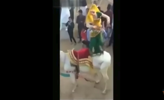 بالفيديو: حصان يعرض راقصة لموقف محرج