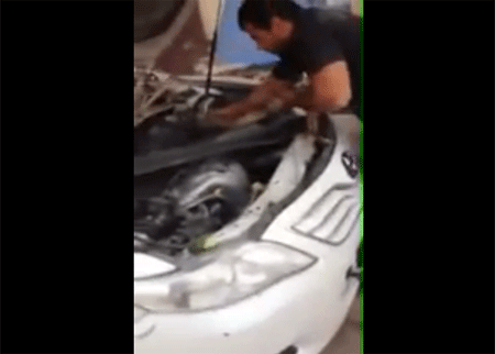 إخراج ثعبان عالق في مكينة سيارة