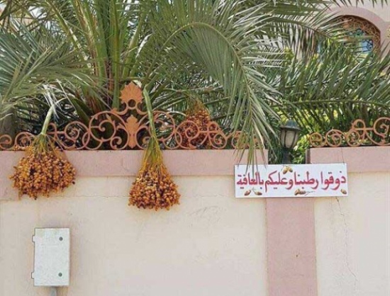 مواطن يعلق لوحة على جدار منزله لدعوة المارة إلى تناول رطب النخيل