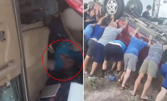 بالفيديو: اطفال يرفعون سيارة لإنقاذ امرأة علقت تحتها