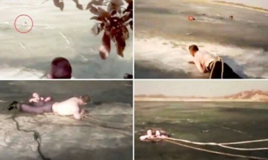 شاهد..لحظة إنقاذ امرأة علقت ببحيرة متجمدة