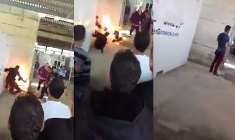 فيديو مؤلم للاجئ سوري يائس وهو يحترق بنار الانتحار فيديو مؤلم للاجئ سوري يائس وهو يحترق بنار الانتحار