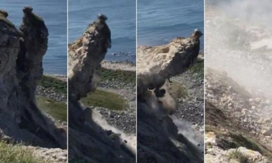 فيديو: لحظة انهيار جرف صخري على جزيرة ببريطانيا