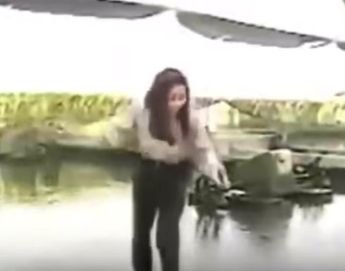 بالفيديو.. لحظة سقوط مذيعة في بحيرة أسماك على الهواء